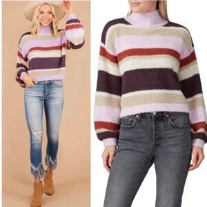 Louna Cropped Striped Fuzzy Knit High Mock Neck Long Balloon Sleeves Sweater